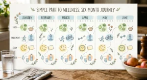 Six-month calendar showing food, movement, sleep and water habits built over 180 days