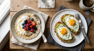 Bowl of oats with yoghurt and berries as a balanced breakfast idea