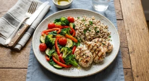 Balanced plate with half vegetables, a quarter protein and a quarter carbohydrates