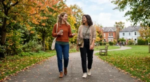 Woman taking a relaxed walk outdoors as part of a daily healthy routine