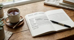 Simple habit tracker in a notebook for tracking meals, sleep and movement