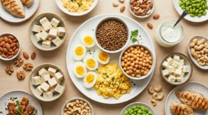 Variety of protein foods including eggs, lentils, tofu, yoghurt and nuts