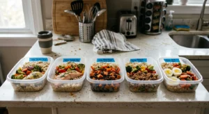Meal prep containers with rice, vegetables and protein for weekly meal planning