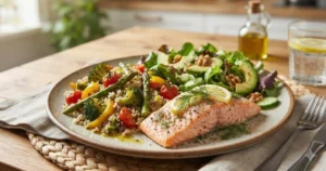Balanced meal with vegetables, protein and whole grains for a women's 180-day diet routine