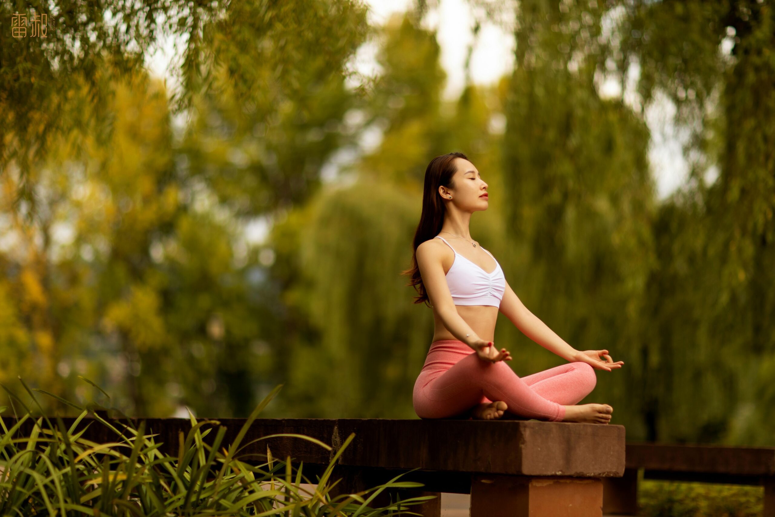 A woman practicing yoga outdoors, surrounded by nature, symbolizing a personalized wellness routine.