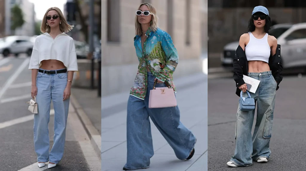 Gen Z teen rocking a refreshed Y2K outfit with low-rise jeans and a pastel crop top.