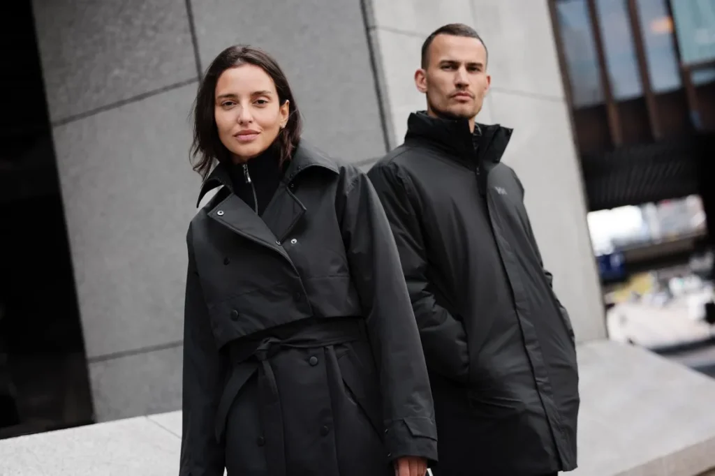 Men and women wearing fashionable and weather-appropriate outfits for rainy days, including raincoats, waterproof shoes, and layered clothing