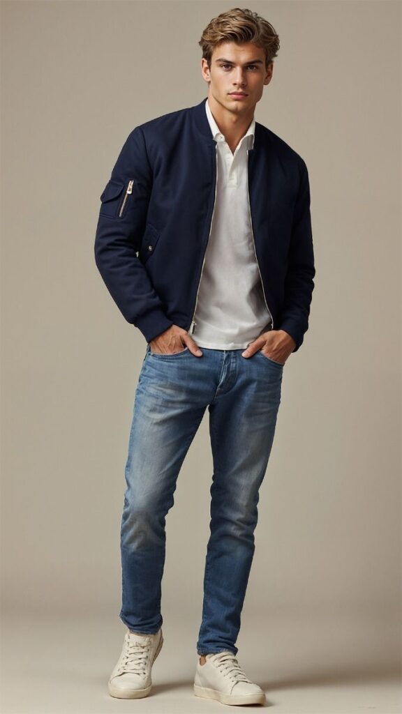 Stylish men's outfit ideas in smart casual date night outfit with bomber jacket."